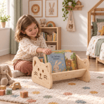 Kedi Figürlü Ahşap Montessori Kitap Rafı Çam